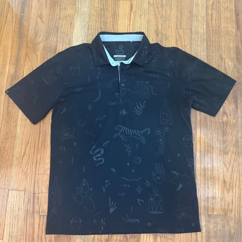 Swannies Mens Medium Black Tanner Golf Polo Shirt Tattoo Line Art Print Stretch